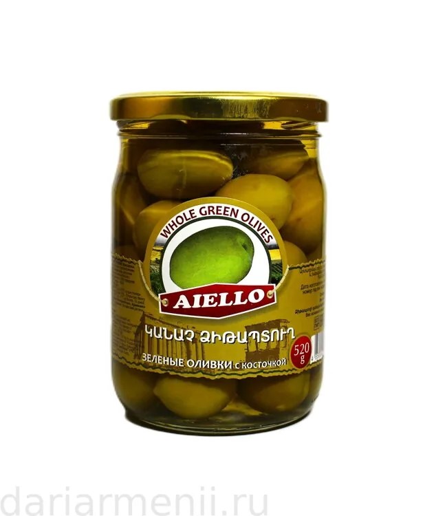 Оливки Aiello зеленые с косточкой с/б, 520 г. Армения