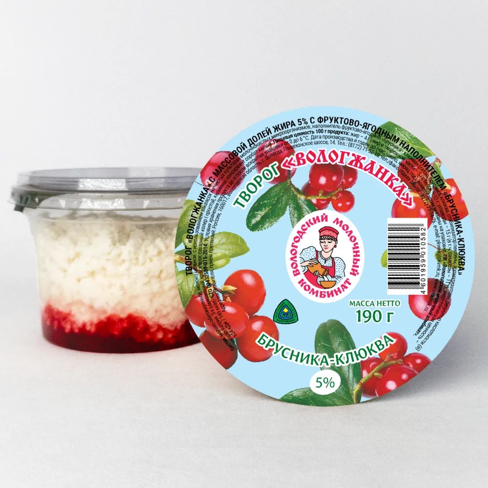 Творог "Вологжанка" 5% с ФЯН брусн/клюква 0,19 кг стакан /Вологодский молочный комбинат/