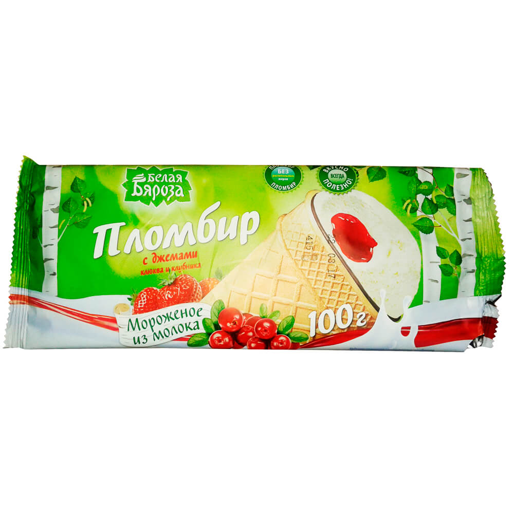 Мороженое Пломбир с ароматом ванили и джемами (Клюква+Клубника) в вафельном стакане  100гр. БЗМЖ ОАО