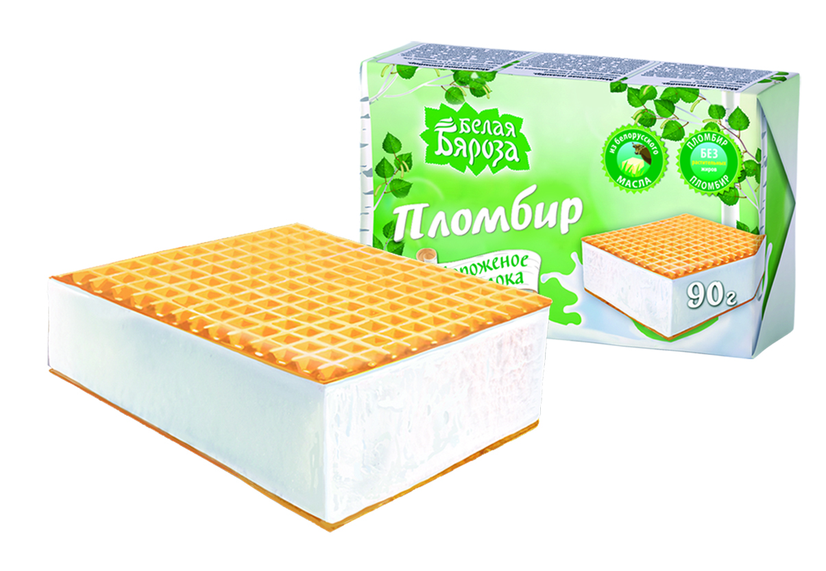 Мороженое Пломбир "БЕЛАЯ БЯРОЗА" брикет на вафлях 90гр. БЗМЖ ОАО "КУРСКИЙ ХЛАДОКОМБИНАТ"